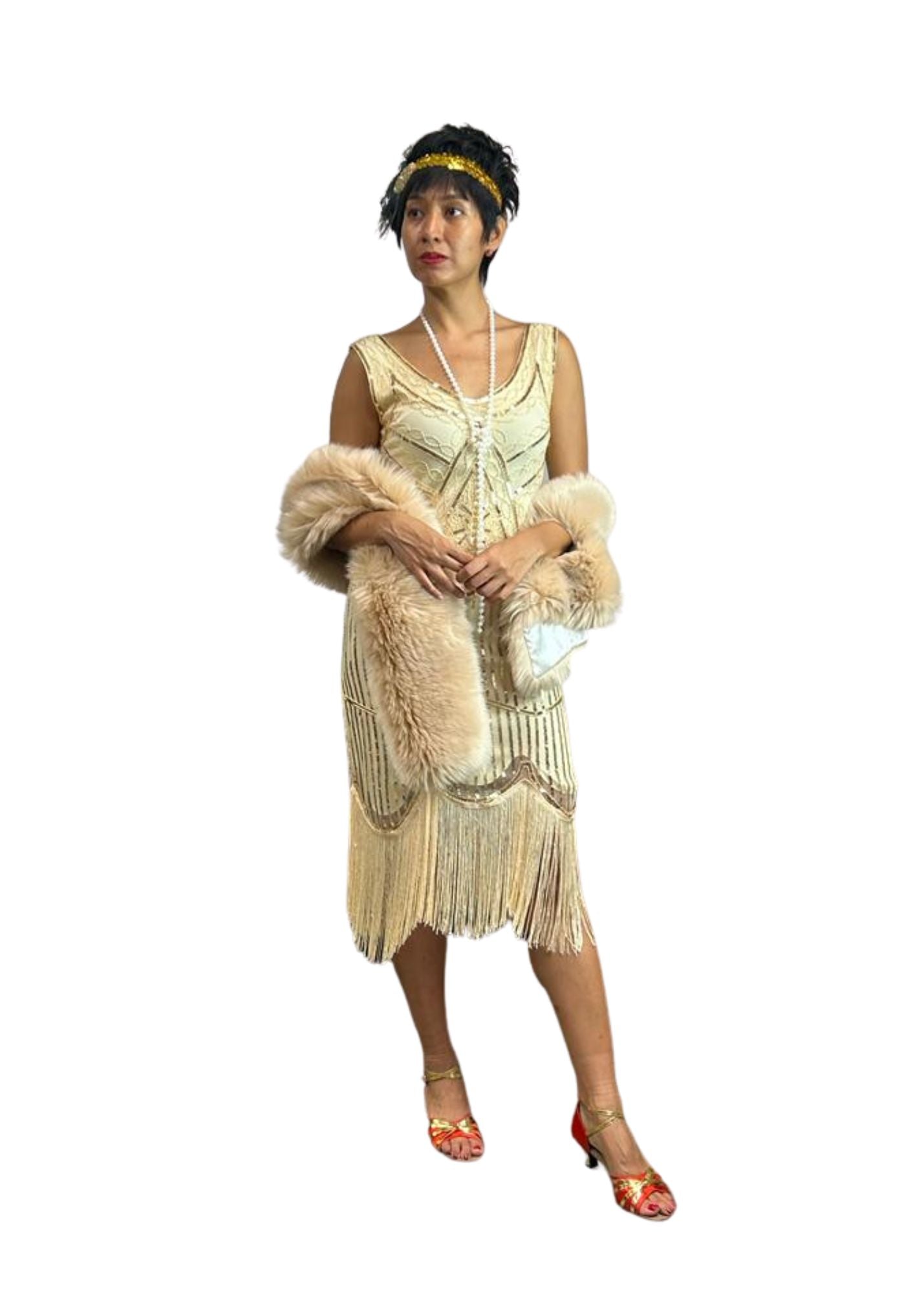 Gaun Flapper Wanita 1920-an (Beige) N01