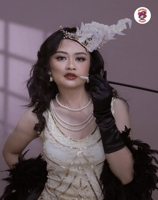 Gaun Flapper Wanita 1920-an (Beige) N01